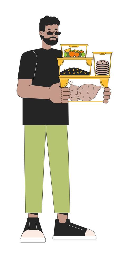 comida preparando para ahorro hora línea dibujos animados plano ilustración. nutricionalmente equilibrado dieta. negro hombre 2d arte lineal personaje aislado en blanco antecedentes. reducir carbón huella escena vector color imagen