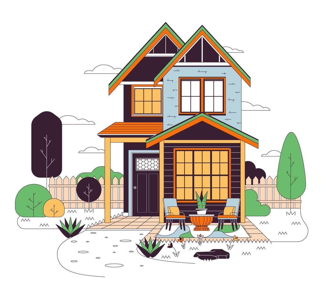 Neighborhood single family home line cartoon flat illustration. Small dwelling porch chairs 2D lineart object isolated on white background. Real estate housing exterior scene vector color image