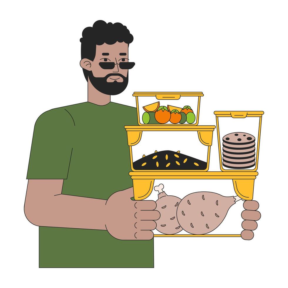 comida preparando línea dibujos animados plano ilustración. sano estilo de vida. negro hombre 2d arte lineal personaje aislado en blanco antecedentes. energía eficiente cocinando. ahorro energía a hogar escena vector color imagen