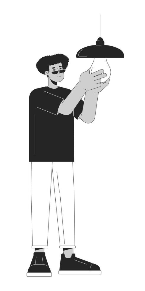 Energy efficient lighting option black and white cartoon flat illustration. Latino guy 2D lineart character isolated. Lowering utility bills. Saving energy, fix lamp monochrome vector outline image