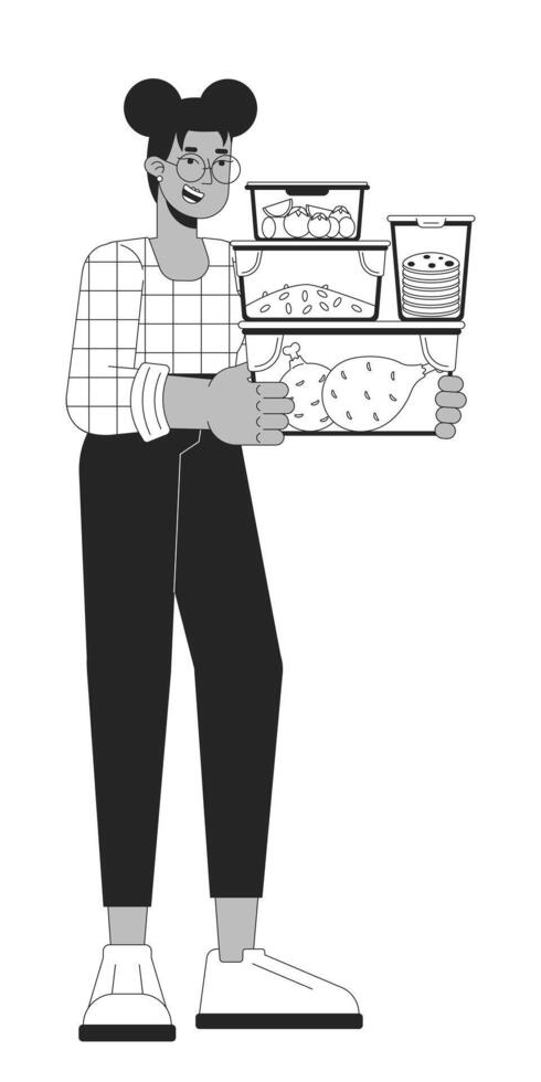 Carrying food storage containers black and white cartoon flat illustration. Black girl 2D lineart character isolated. Energy efficient healthy meal. Packing leftovers monochrome vector outline image