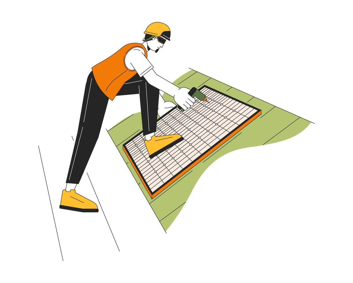 Solar panels installation on roof line cartoon flat illustration. Engineer drilling 2D lineart character isolated on white background. Residential rooftop solar energy system scene vector color image