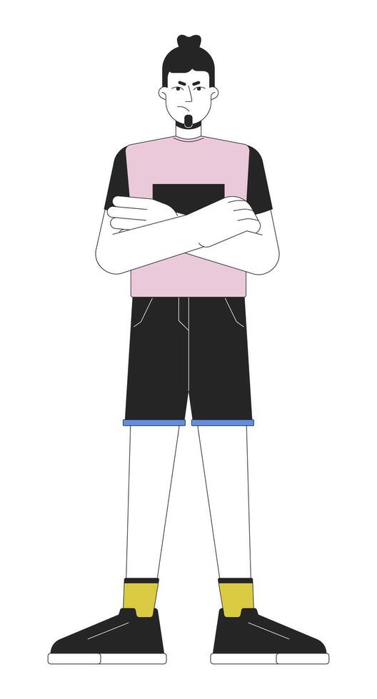 Woman angry arms crossed line cartoon flat illustration. Mad pouting adult male 2D lineart character isolated on white background. Emotional expressing, body language scene vector color image