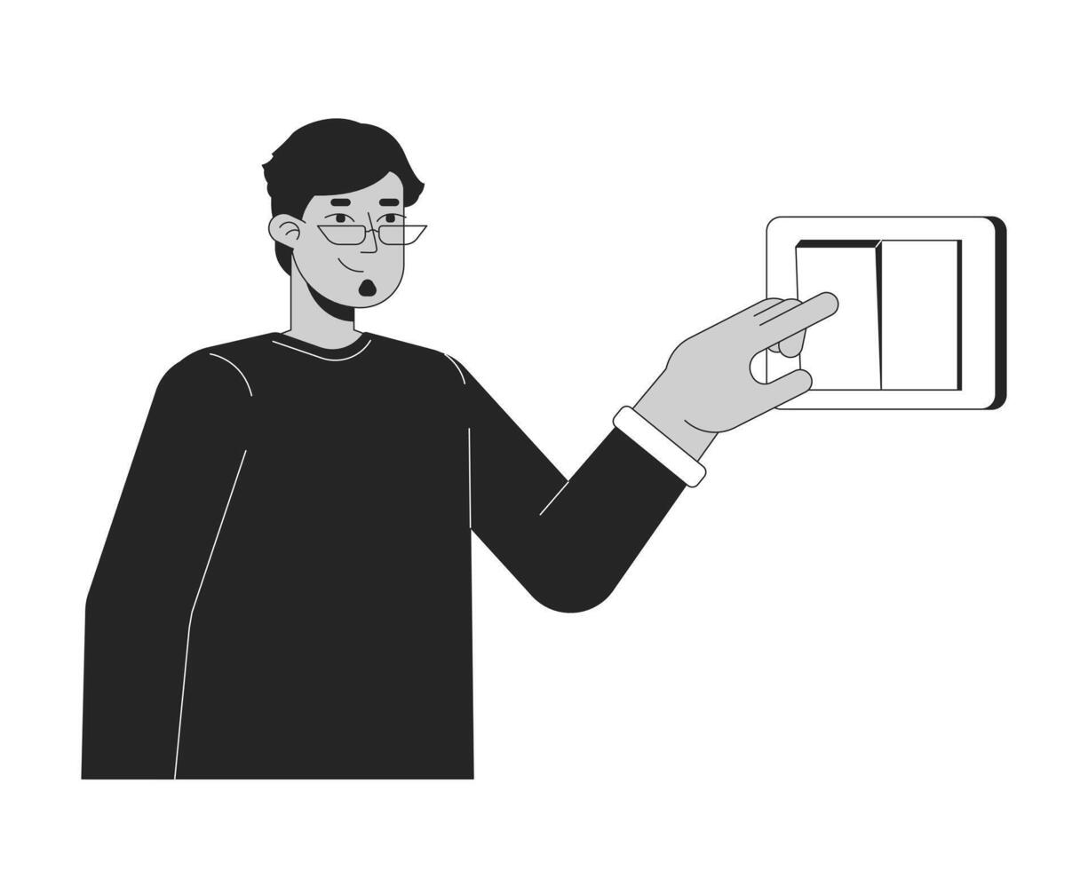 Light switch off black and white cartoon flat illustration. Arab adult man 2D lineart character isolated. Reduce electricity usage. Energy conservation at home monochrome scene vector outline image