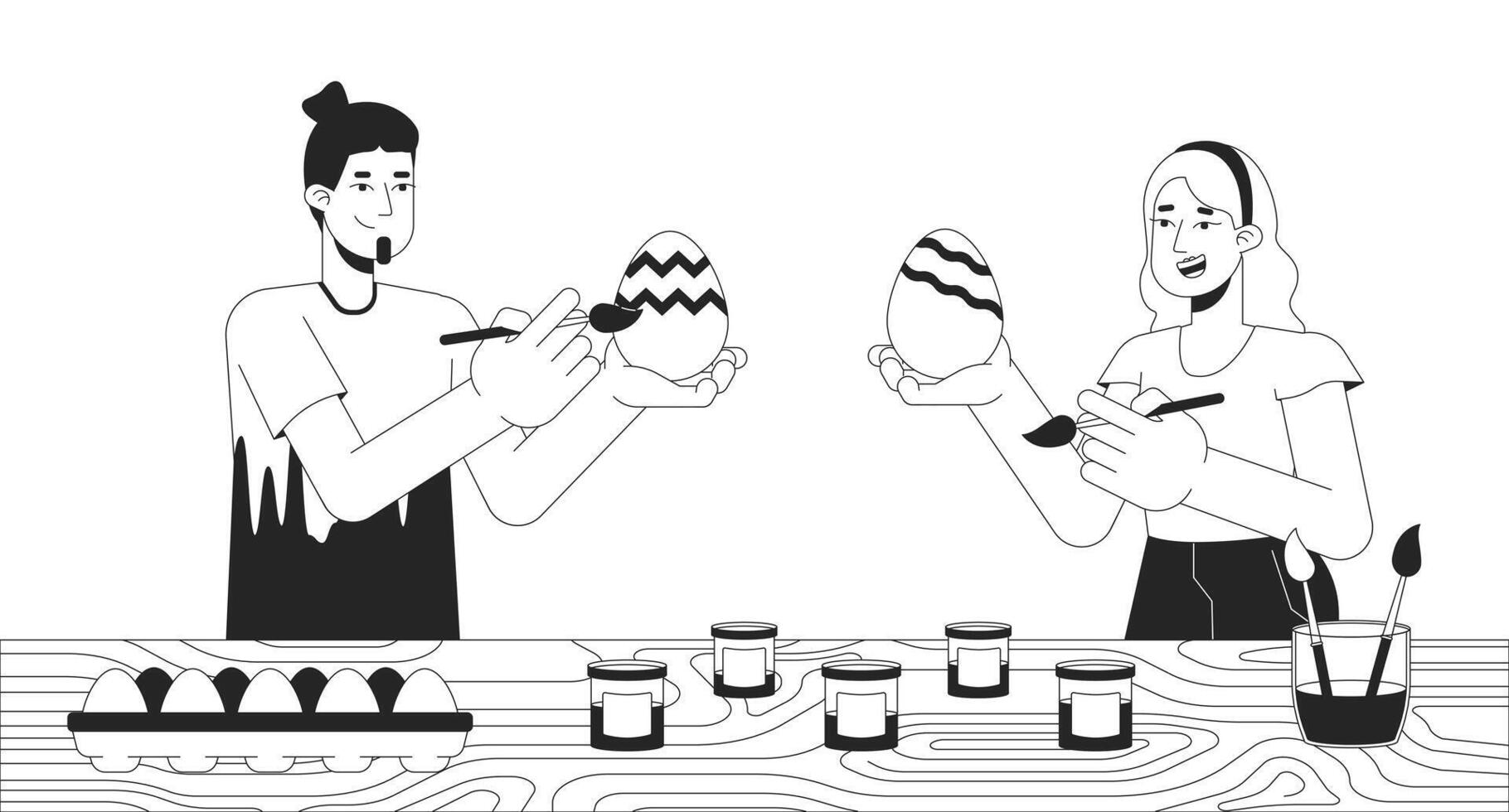 Caucasian couple painting eggs Easter black and white 2D line cartoon characters. Paintbrushes holding adults two isolated vector outline people. Eastertide custom monochromatic flat spot illustration