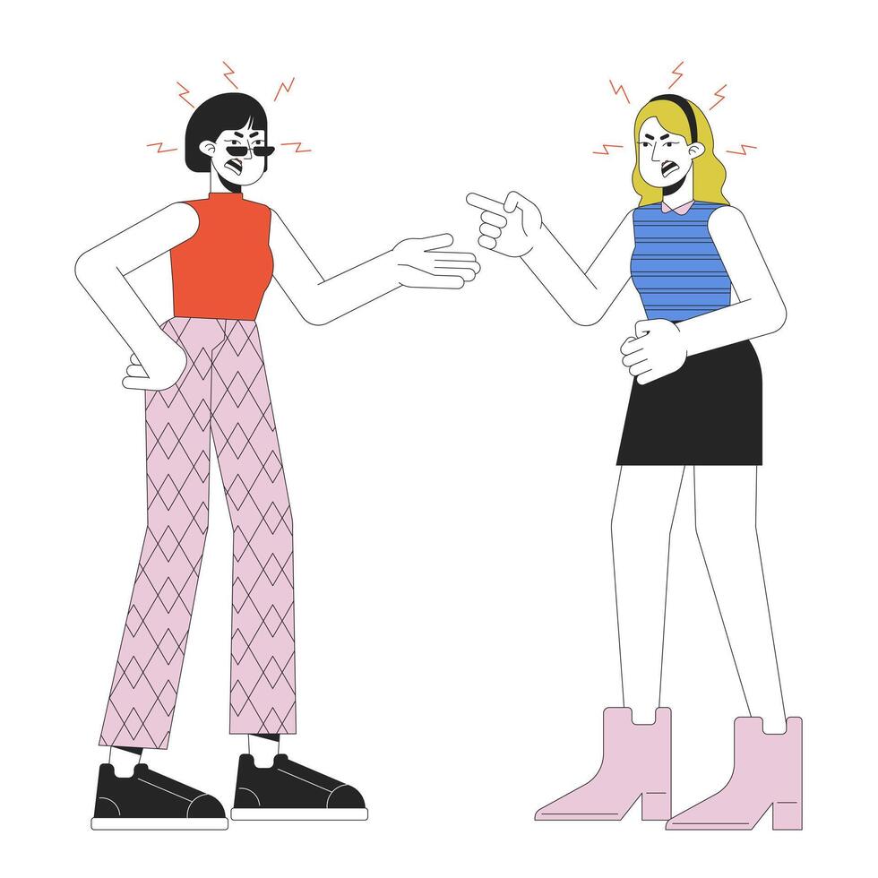 Two women confrontation line cartoon flat illustration. Girlfriends aggressive 2D lineart characters isolated on white background. Emotional expressing, body language scene vector color image