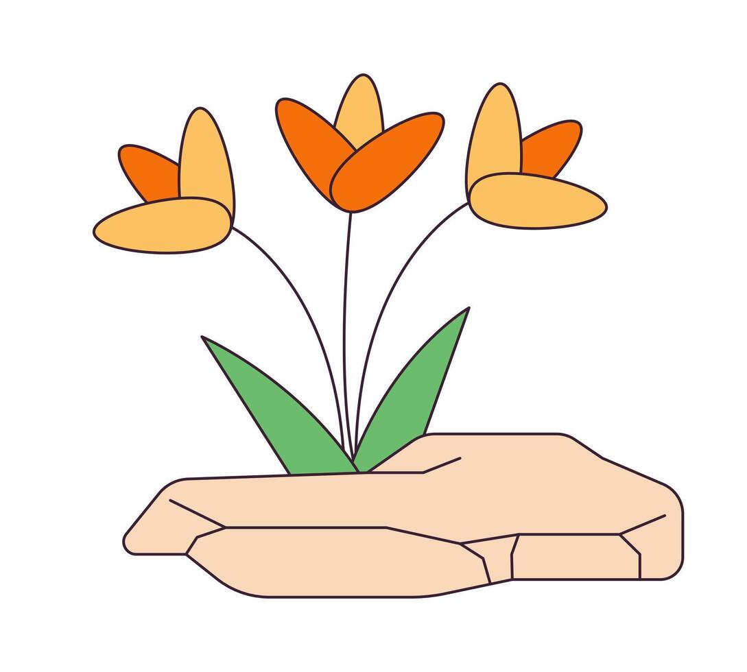 Flowers growing out rock 2D linear cartoon object. Blooming plants sprouting from stone isolated line vector element white background. Wildflowers break through crack color flat spot illustration