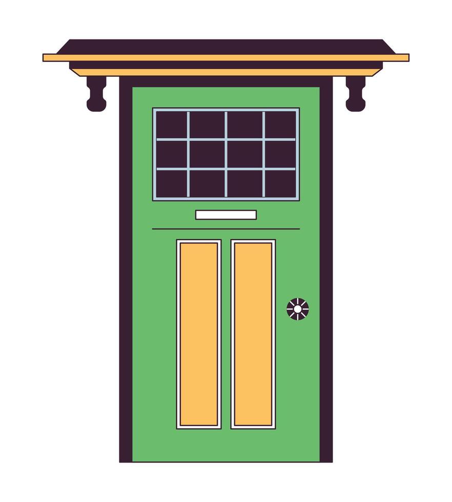 Door building exterior 2D linear cartoon object. Doorway entrance isolated line vector element white background. Facade house. Residential entry door with window color flat spot illustration