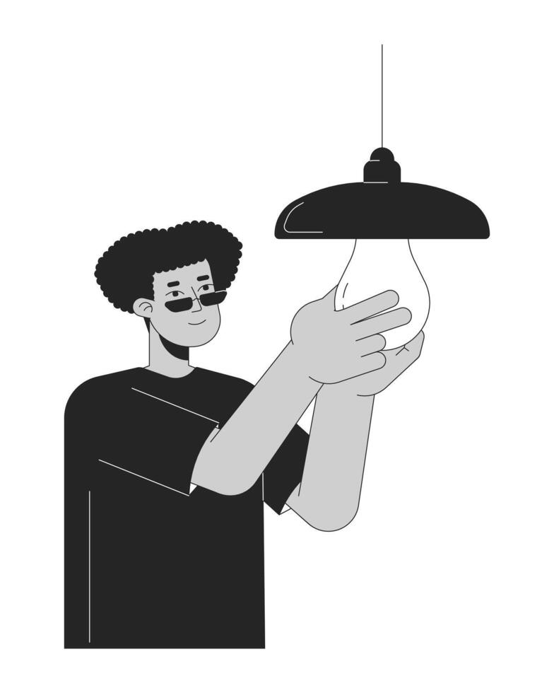 Energy efficient lightbulb installing black and white cartoon flat illustration. Latino guy 2D lineart character isolated. Reduce electricity usage. Saving energy monochrome scene vector outline image