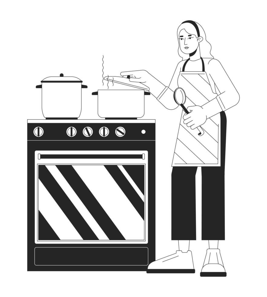 ahorro energía por Cocinando con tapa negro y blanco dibujos animados plano ilustración. caucásico mujer poniendo tapa en maceta 2d arte lineal personaje aislado. calefacción comida con rapidez monocromo vector contorno imagen