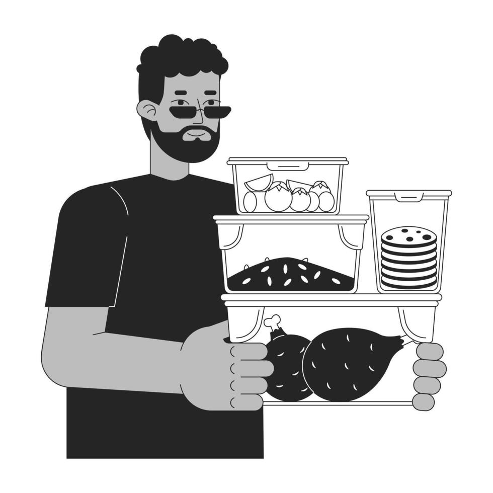 comida preparando negro y blanco dibujos animados plano ilustración. sano estilo de vida. negro hombre 2d arte lineal personaje aislado. energía eficiente cocinando. ahorro energía a hogar monocromo vector contorno imagen