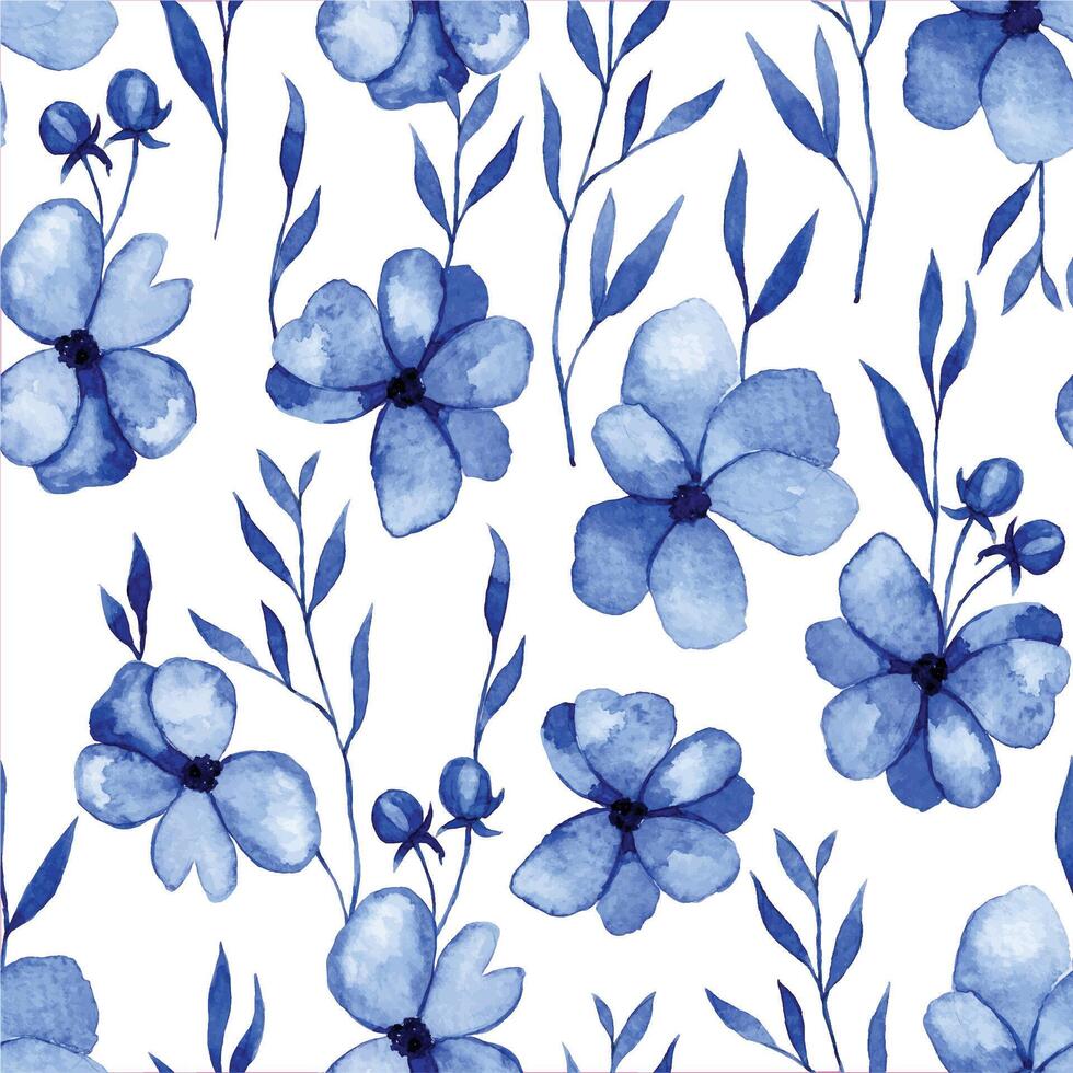 watercolor seamless pattern of abstract flowers and leaves in blue. simple botanical illustration vector