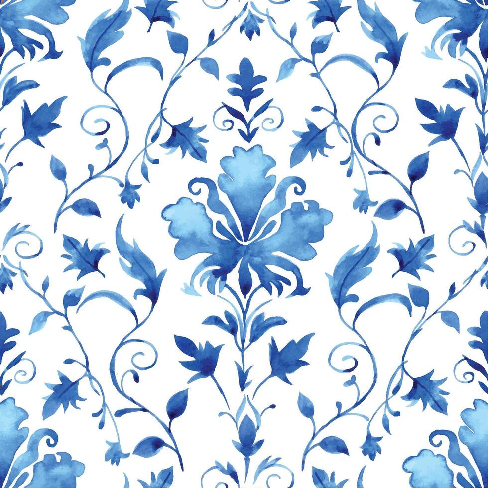 watercolor seamless pattern with blue damask ornament. classic vintage ornament vector