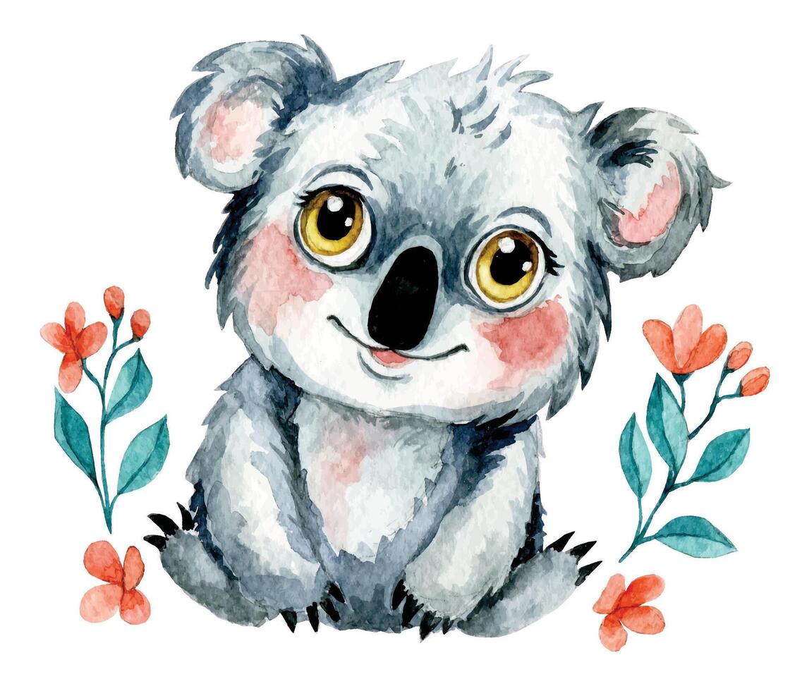 watercolor drawing of a cute baby koala. tropical animals, kawaii vector