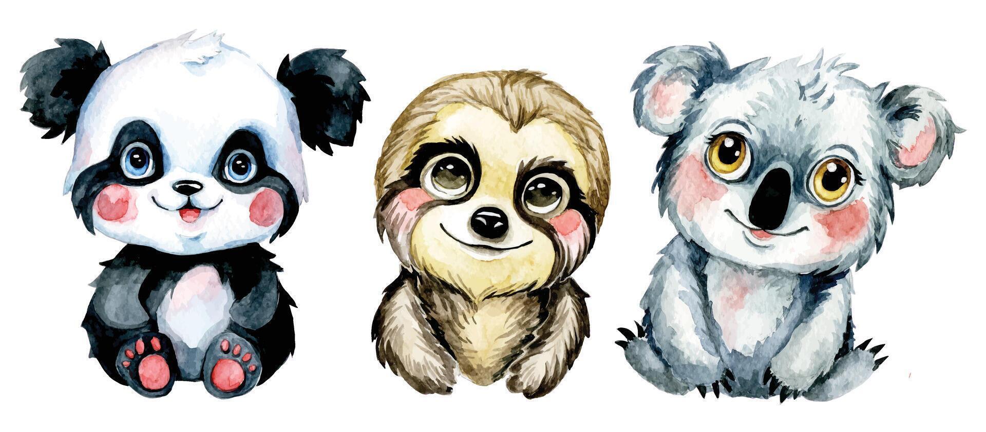 watercolor drawing. set of cute tropical baby animals. koala, sloth and panda. vector