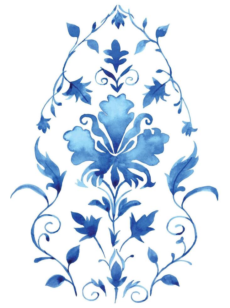 watercolor blue damask ornament. classic vintage ornament vector