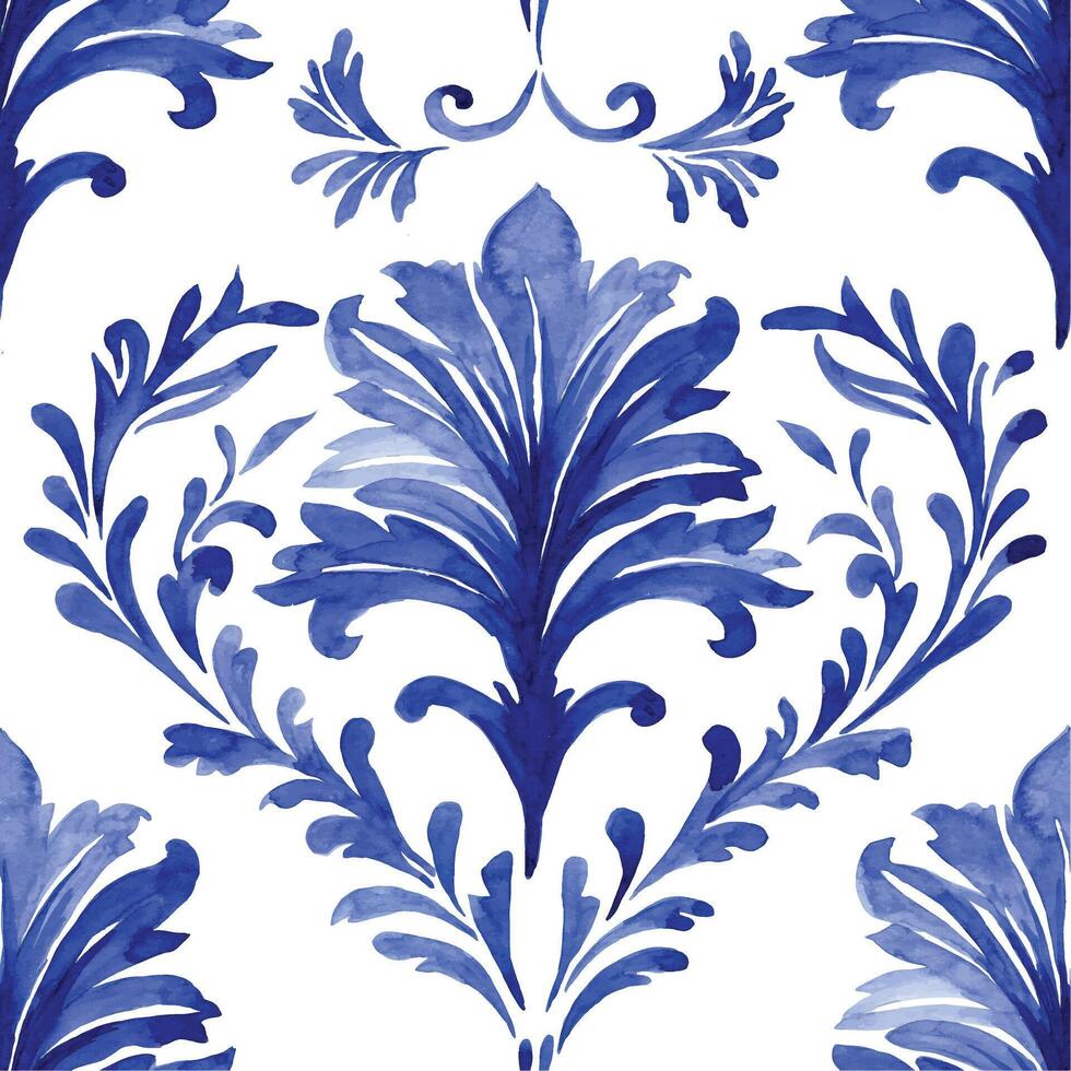 watercolor seamless pattern with blue damask ornament. classic vintage ornament vector