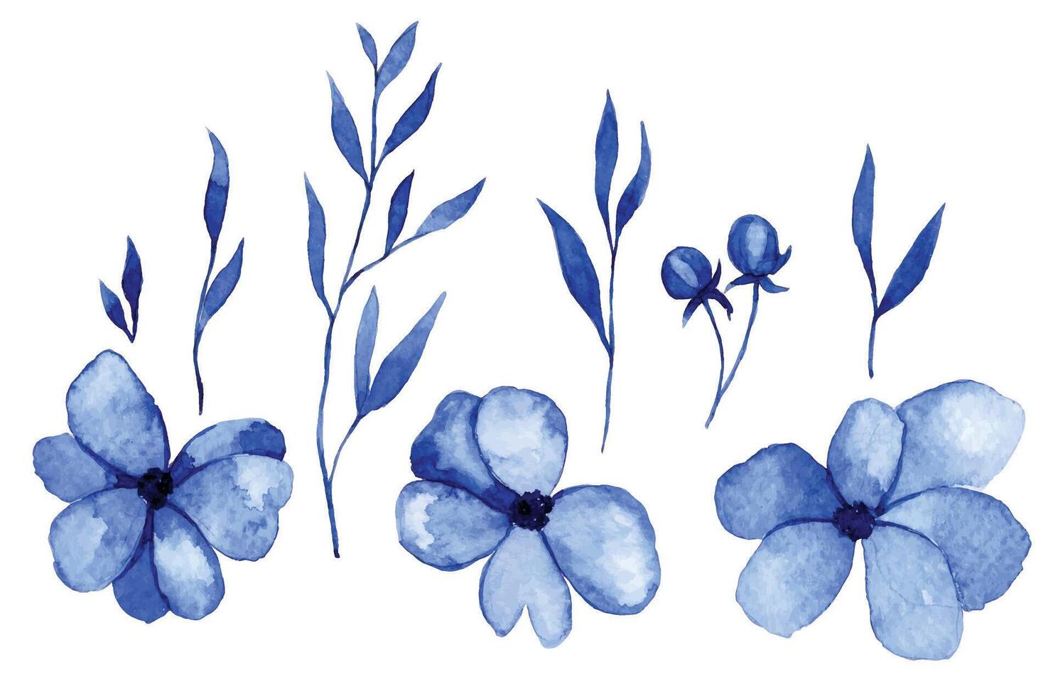 watercolor drawing, set of abstract flowers and leaves in blue. simple botanical illustration vector