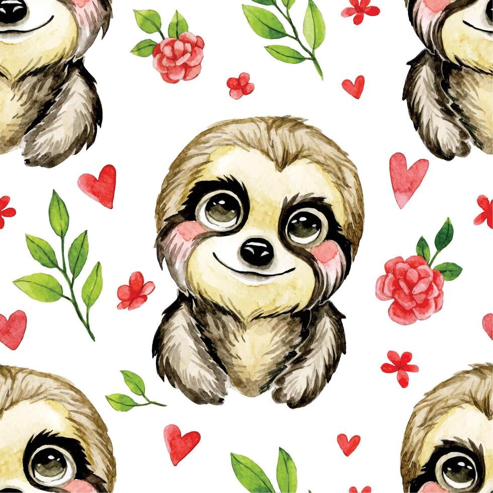 watercolor seamless pattern with cute baby tropical animals. sloth vector