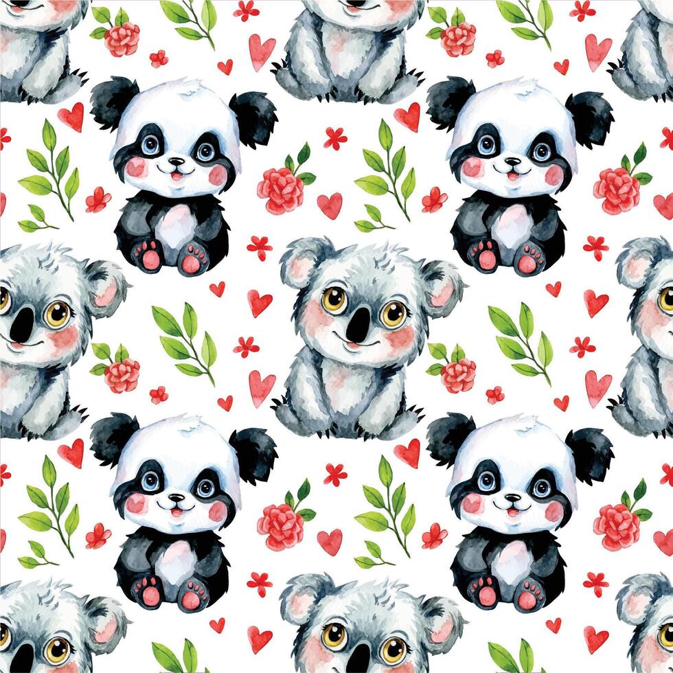 watercolor seamless pattern with cute baby tropical animals. panda and koala vector