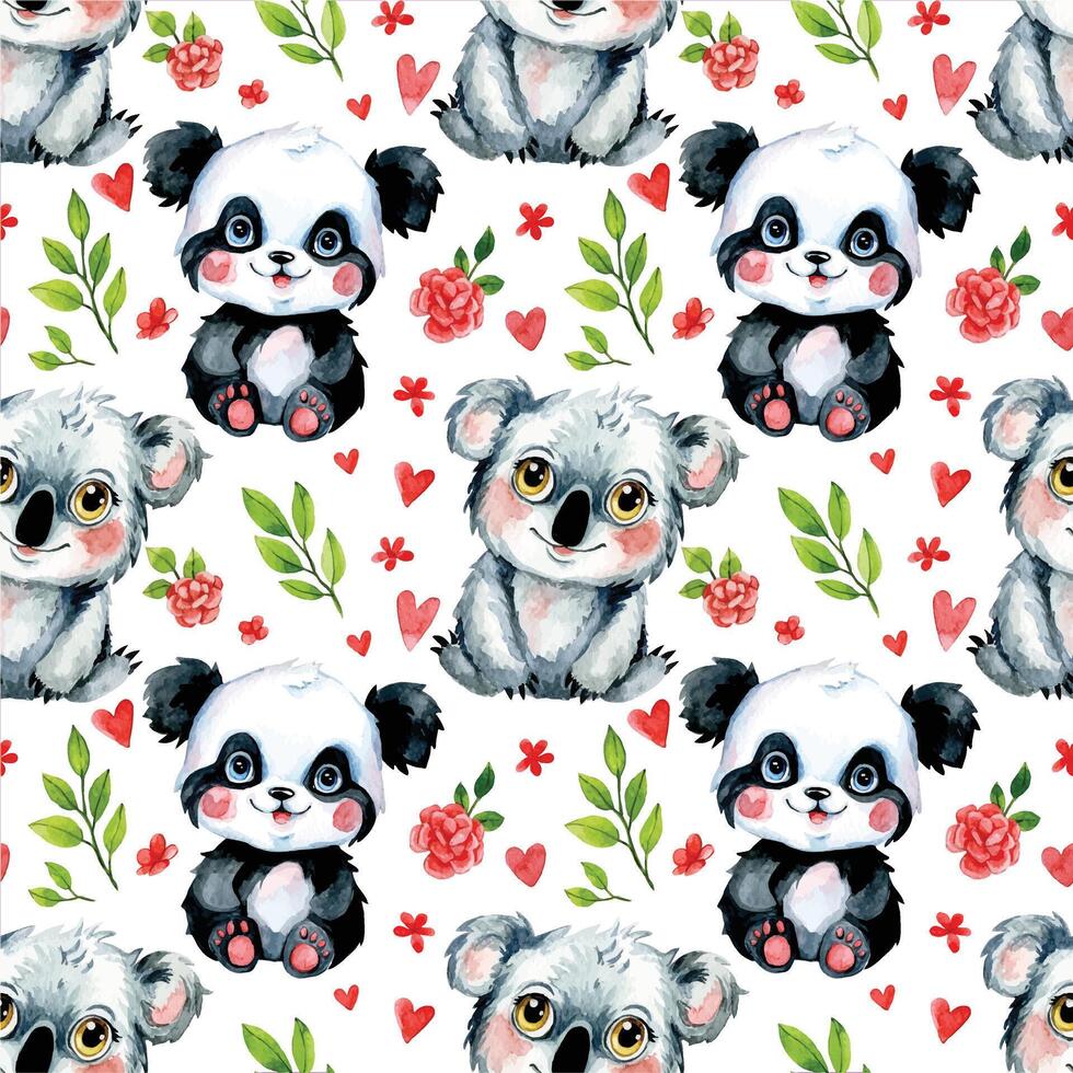 acuarela sin costura modelo con linda bebé tropical animales panda y coala vector