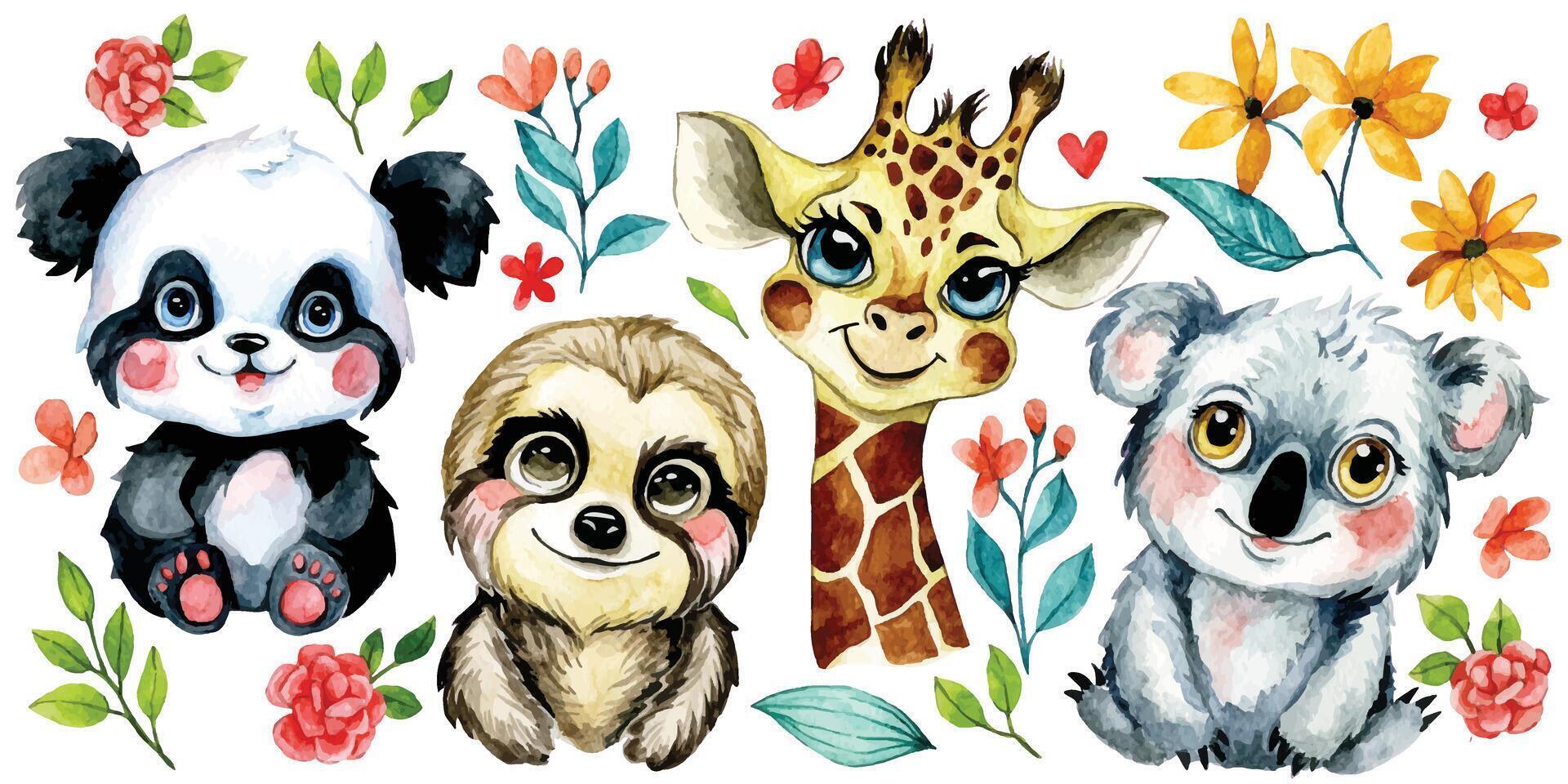 acuarela dibujo. conjunto de linda tropical bebé animales coala, perezoso panda y jirafa. flores y hojas vector