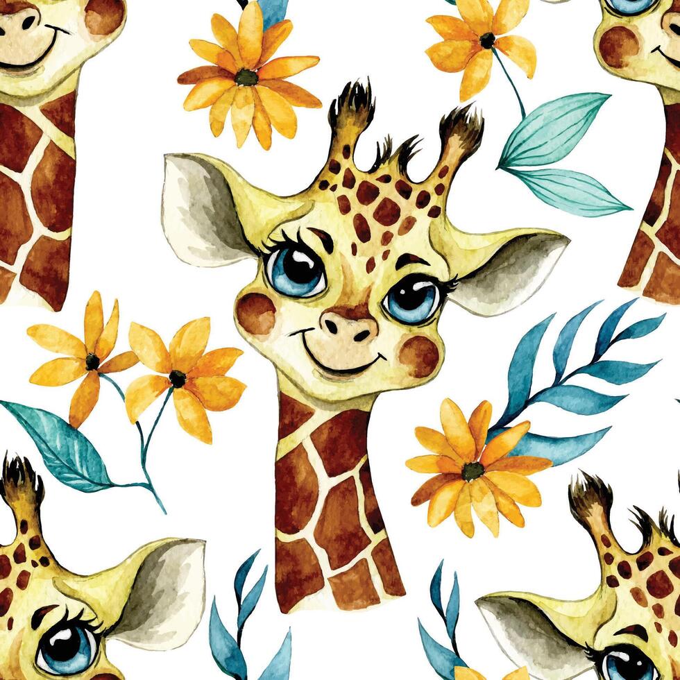 acuarela sin costura modelo con linda bebé tropical animales jirafa vector