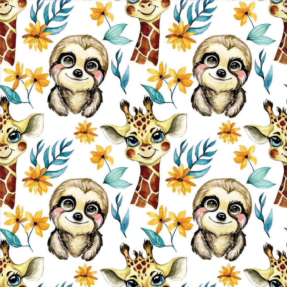 watercolor seamless pattern with cute baby tropical animals. giraffe and sloth vector