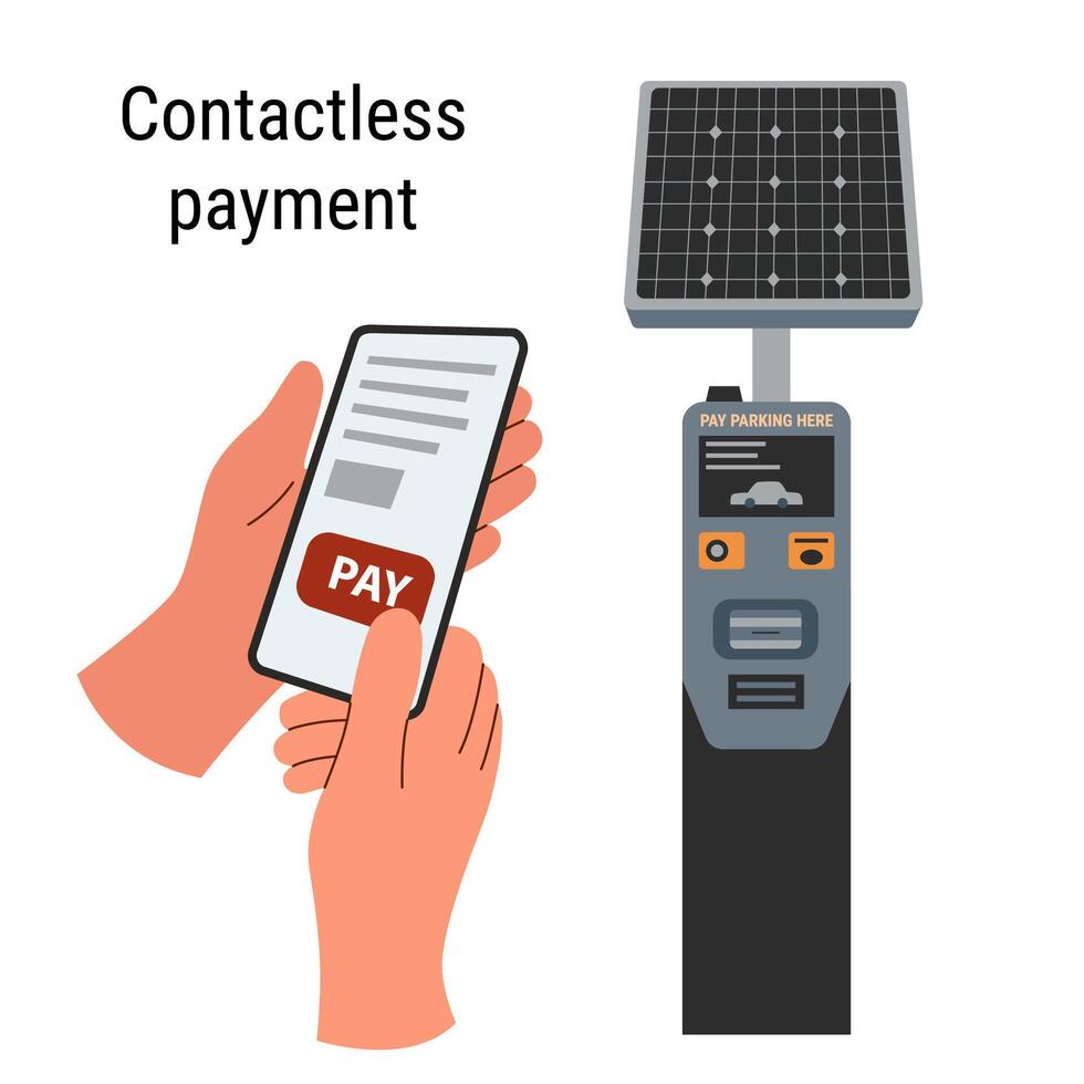 Contactless wireless payment for parking. Hands with smart phone and parking meter in flat style isolated on white. Technology concept. Online payment. Payment method. vector