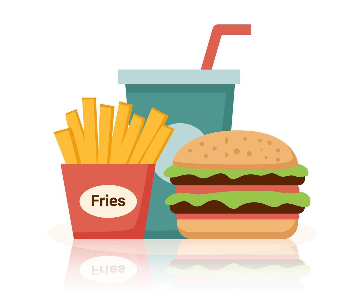 Junk food in flat style isolated on white background. Unhealthy food. French fries, drink and burger. Fastfood. vector