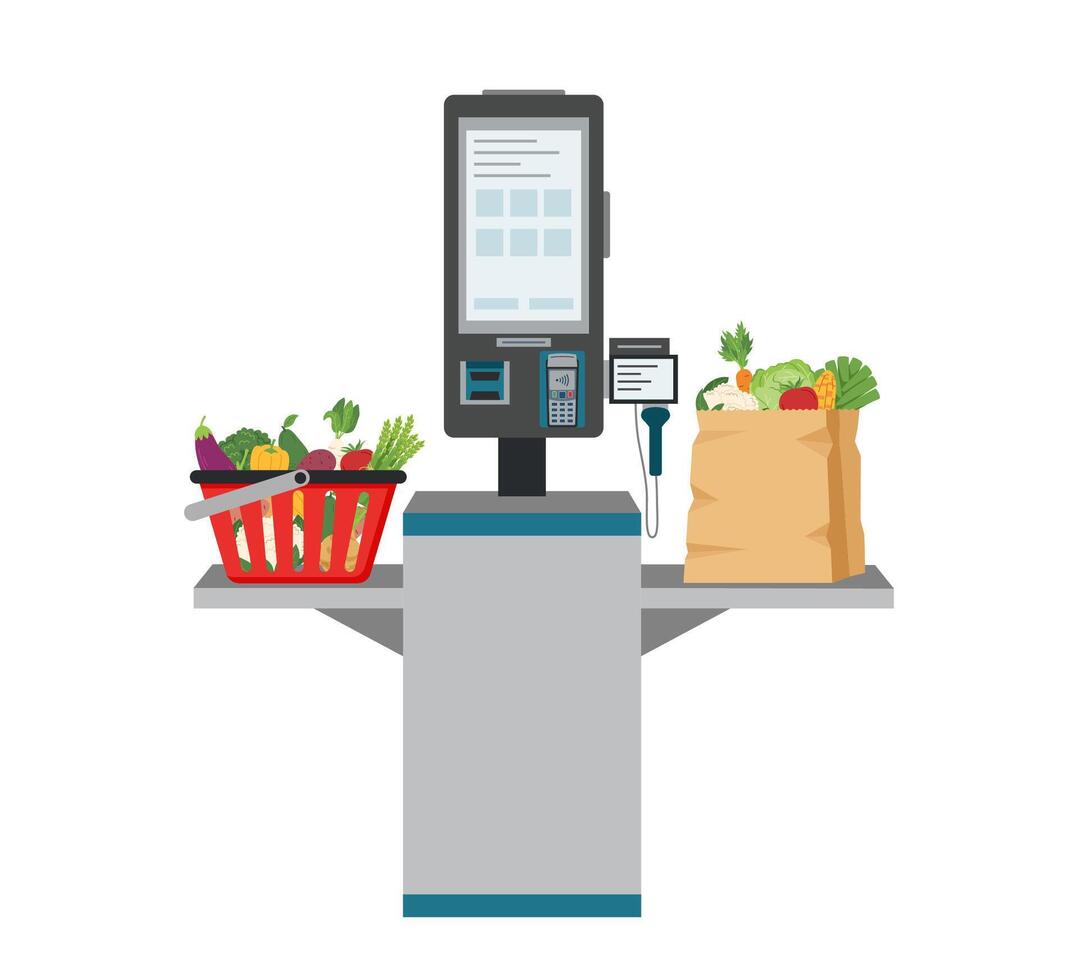 Self-service checkout with shopping bag and shopping basket full of food in the supermarket isolated on white. Self service and self payment terminal. Contactless payment. vector