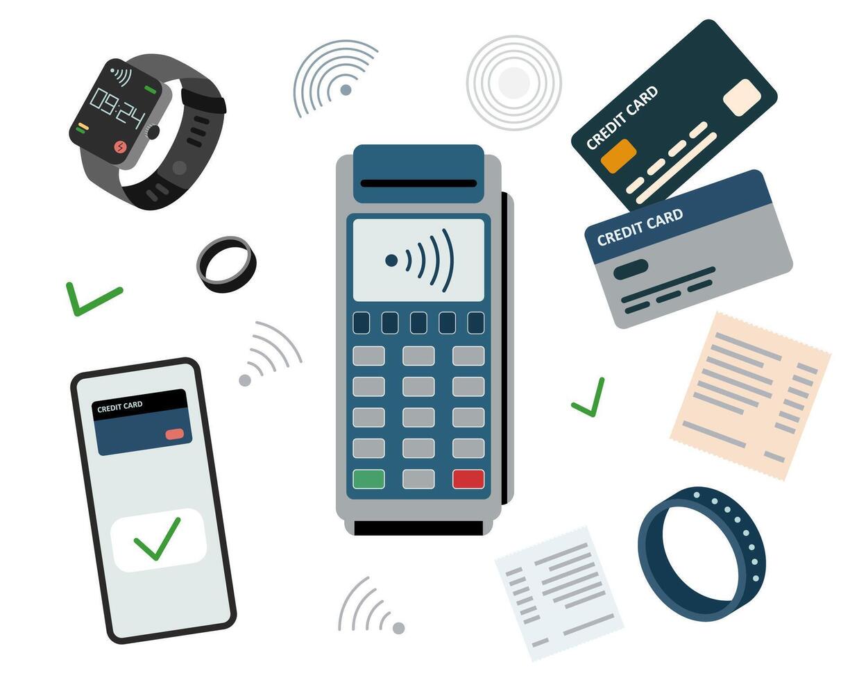 Set of objects for wireless payment. Payment terminal, phone, credit cards, smart watch, smart ring, bracelet, receipt. Contactless payment concept. Technology concept. vector