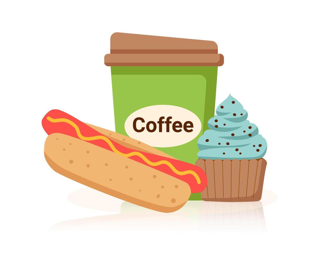 Junk food in flat style isolated on white background. Unhealthy food. Coffee, hotdog, cake. Fastfood. vector