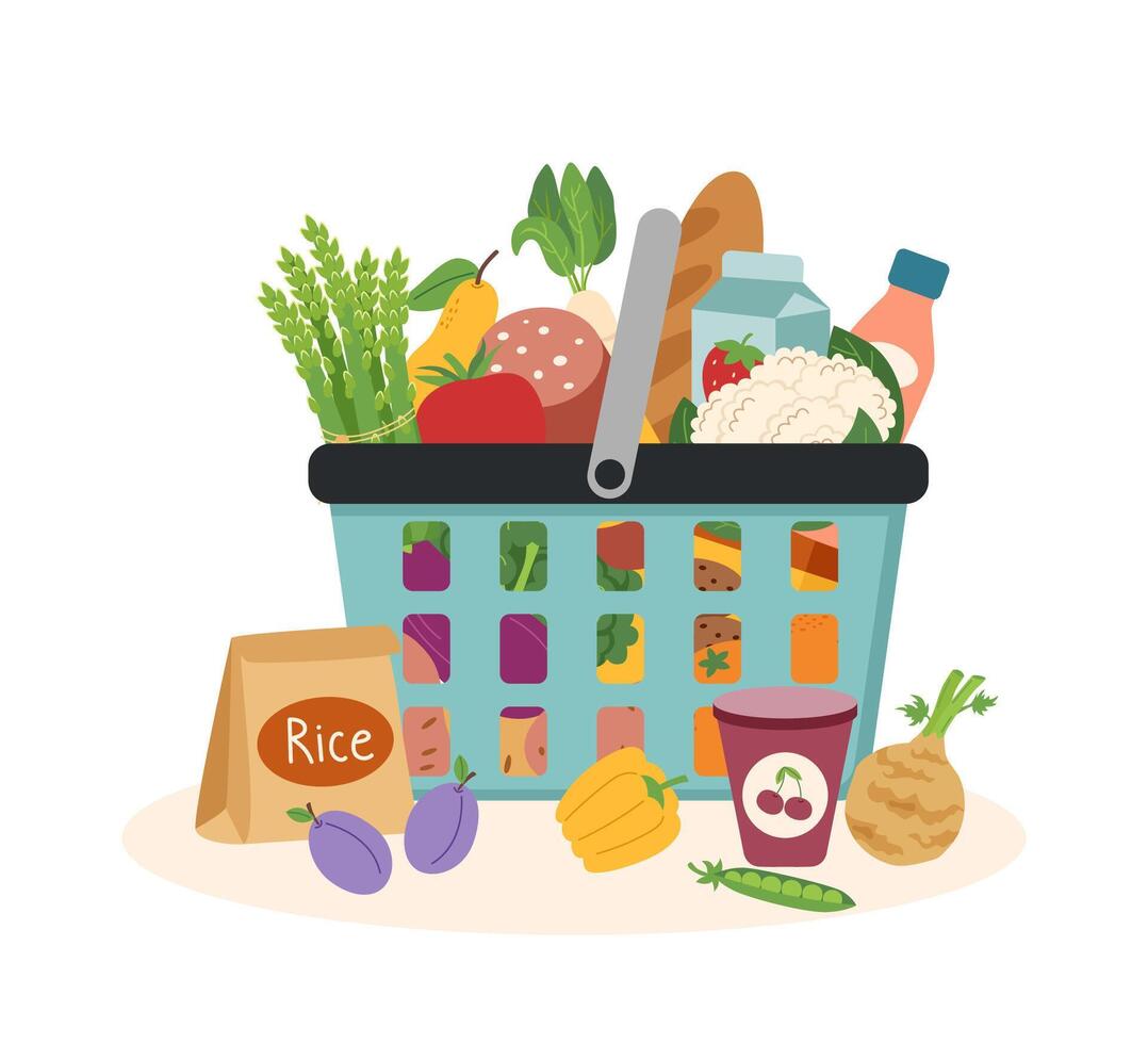 compras cesta con alimento. compras concepto. sano comida concepto. vector