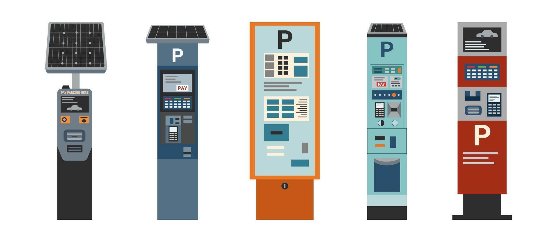 Set of self-pay parking meters isolated on white background. Technology concept. Contactless payment concept. Payment for parking. vector