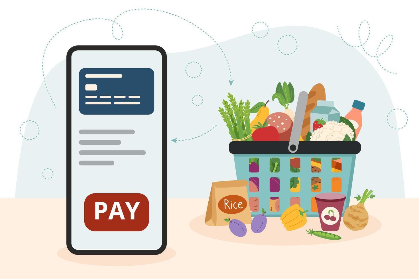 Online food shopping. Contactless payment. Phone and shooping basket with food. Technology concept. Online shopping. vector