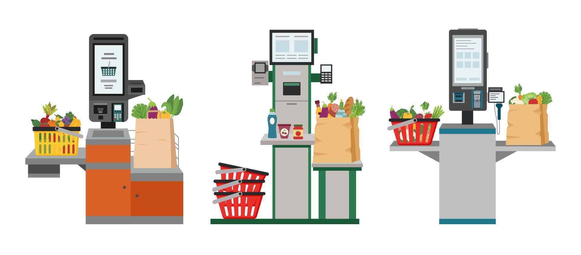 Set of self service checkouts with shopping bags full of food and shopping baskets in the supermarket isolated on white. Self service and self payment terminals. Contactless payment. vector
