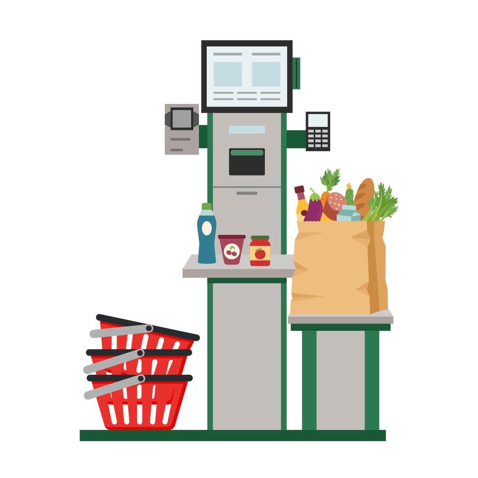 Self service checkout with shopping bag full of food and shopping baskets in the supermarket isolated on white. Self service and self payment terminal. Contactless payment. vector