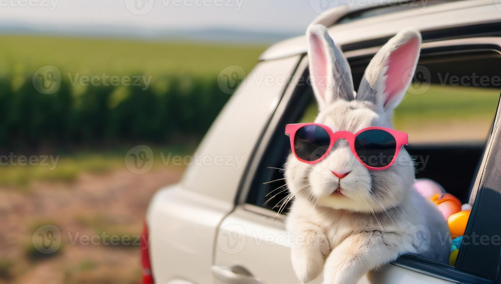 AI generated Photo Of Cute Easter Bunny With Sunglasses Looking Out Of A Car Filed With Easter Eggs. AI Generated