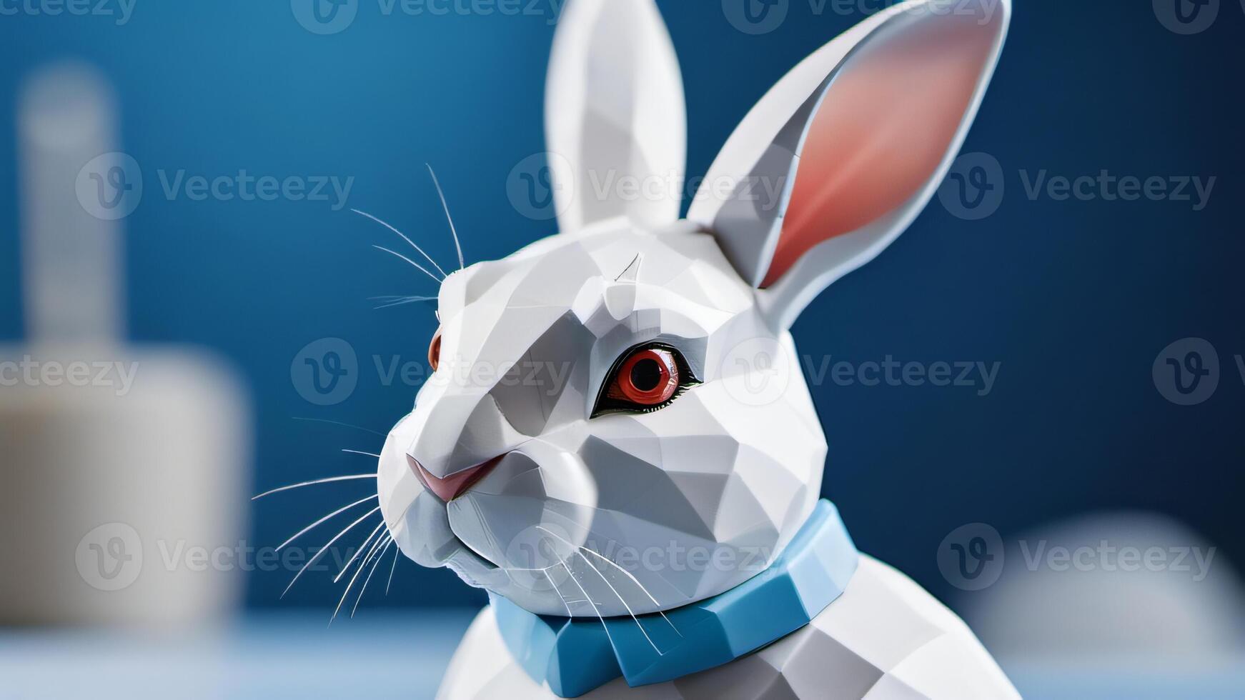 AI generated Photo Of Polygonal 3D Figurine Of White Rabbit On Blue Background Bust Of Hare From Plaster. AI Generated