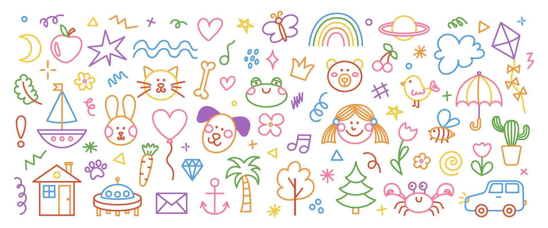 Cute hand drawn doodle set of simple kids decorative elements. Colorful collection of scribble, animal, flower, sun, cloud. Vector illustration