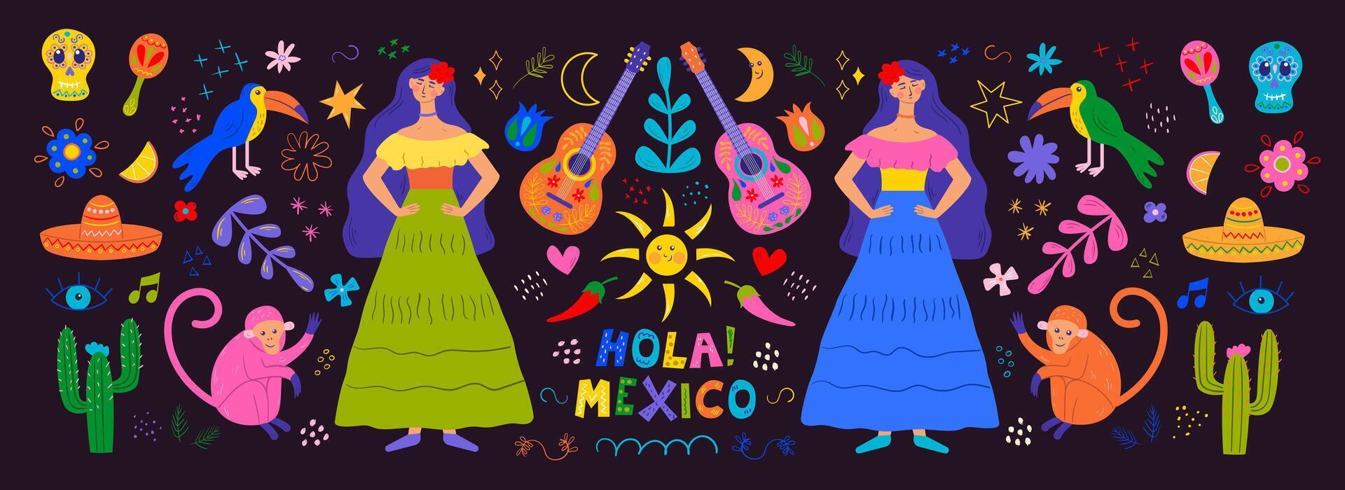 Mexican holiday, party. Cinco De Mayo. Vector illustration set with traditional symbols of cactus, skull, guitar, flowers and animals