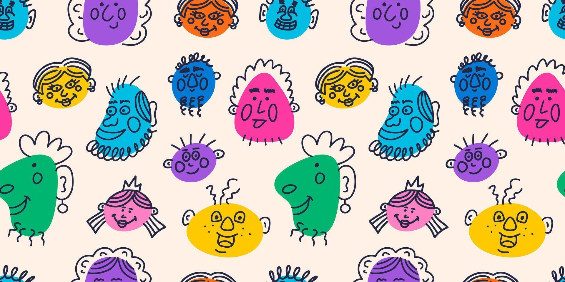 People face, funny portraits, modern colorful abstract character in doodle style. Vector seamless pattern