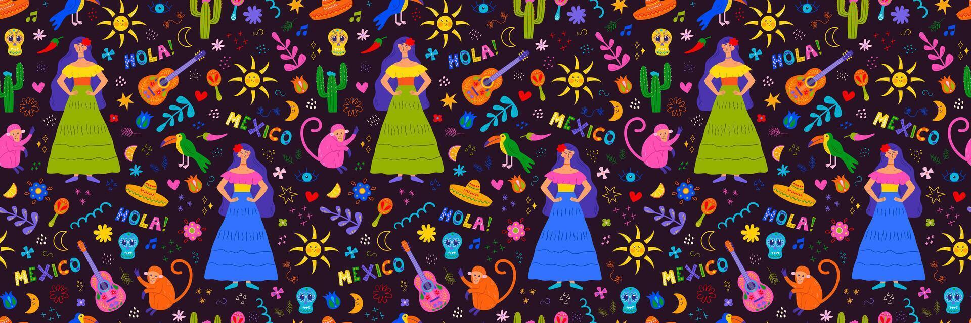 Mexican holiday, party. Cinco De Mayo. Vector seamless pattern with traditional symbols of cactus, skull, guitar, flowers and animals