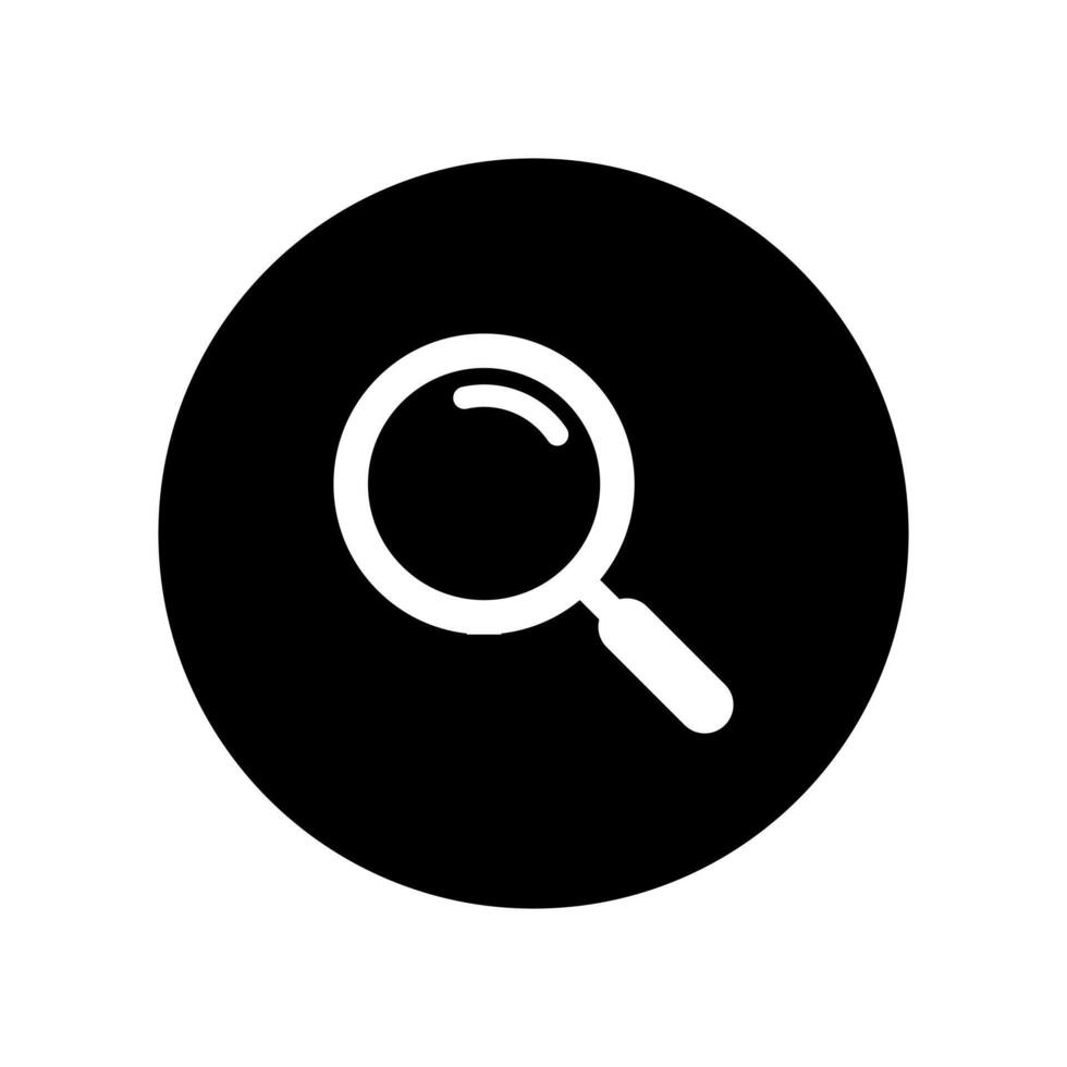 Search icon vector on black circle. Magnifying glass, magnifier sign symbol