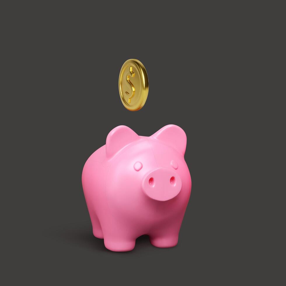 Pink pig piggy bank on dark background. Money creative business concept. Realistic 3d design gold coins. Safe finance investment or financial services. Vector illustration