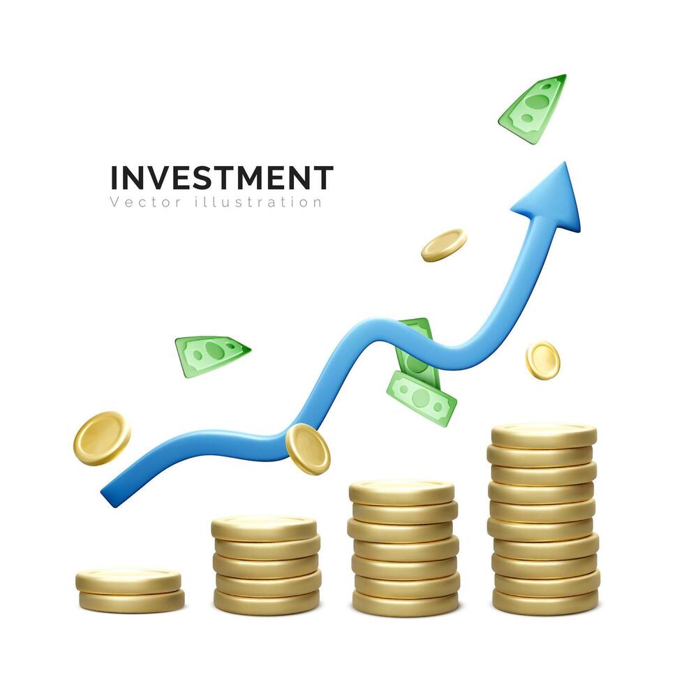 3D money coin stack and blue arrow up isolated on white background. coin stack growing business banner. Investment and money earning growth concept. Vector illustration