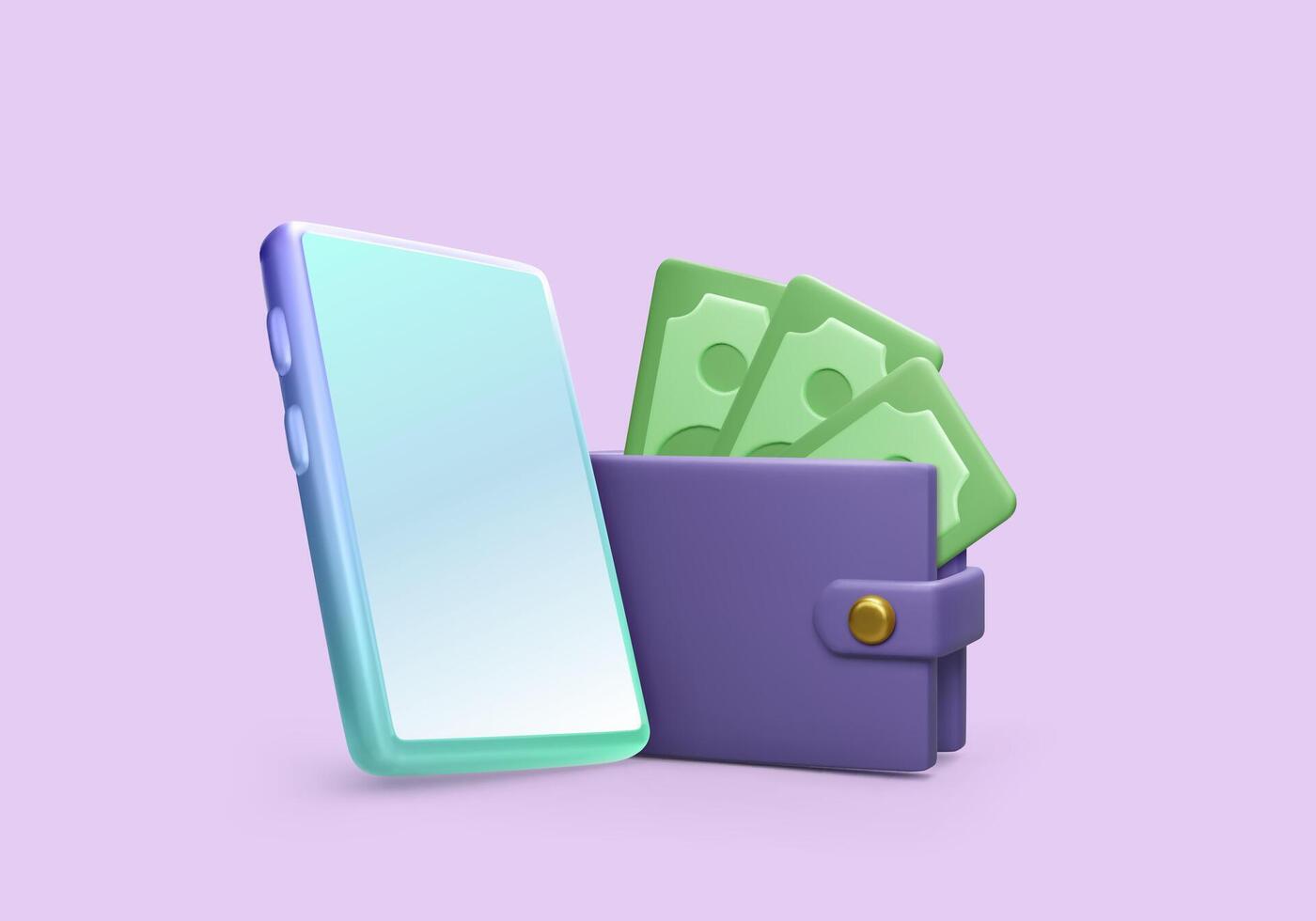 3d mobile phone wallet with paper currency . Online payment or transaction concept. Global wireless financial management app. Vector illustration