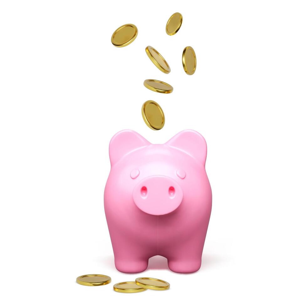 Pink piggy bank front view with falling gold coin. Money savings concept. 3D realistic pretty pig. Finance investment and business concept. Vector illustration