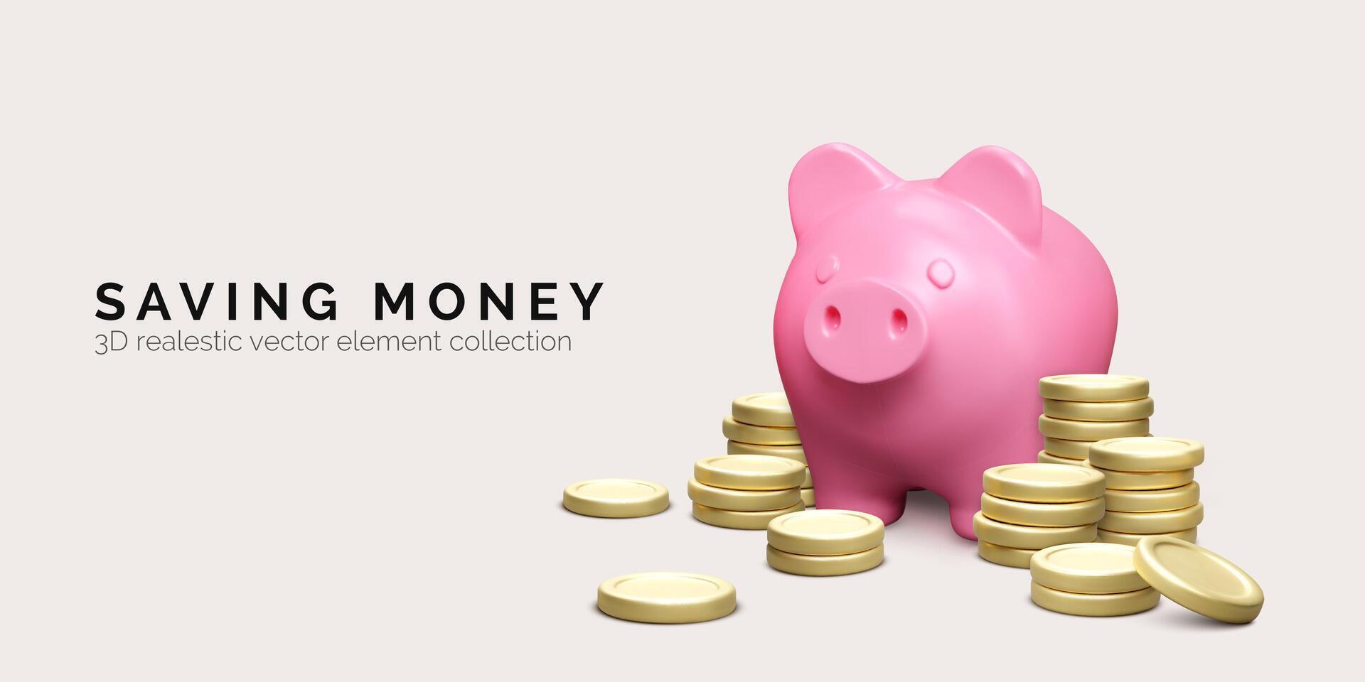 Pink piggy bank with stack of gold coins. Money savings concept. 3D realistic pig and money. Finance investment and business banner. Vector illustration